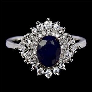 Stunning 1.65Ct Natural Blue Sapphire w/ Zircon Halo Ring Size 8.25